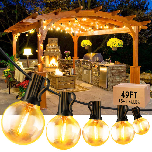 KNONEW 50Ft Outdoor String Lights LED, Globe String Lights with 2700K Warm White 15 Shatterproof G40 LED Bulbs,Waterproof String Lights for Party Porch Backyard Garden Bistro