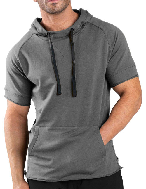 COOFANDY Men's Short Sleeve Hoodie Workout Gym Sweatshirt Muscle Fit Fashion Athletic Hoodies Pullover Cotton Hooded T-Shirts Dark Grey