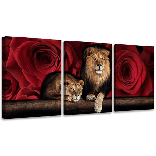 Lion Animal Canvas Print Wall Art Honorable and Confident Lion and Red Rose Stretched and Framed Ready to Hang for Living Room Bedroom Home Office Wall Decor Artwork - 12''x16'', 3 Panel