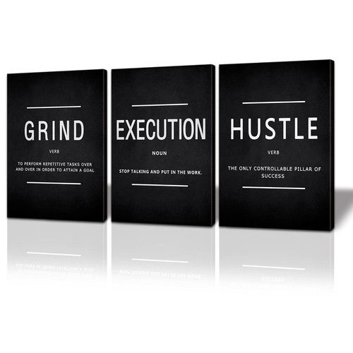 BWSPACE Inspirational Wall Art, Motivational Canvas Wall Art, grind hustle wall art 3 Pieces Wall Art Decorations for Office Living Room and Bedroom Decor (36" W x 16" H, GRIND)