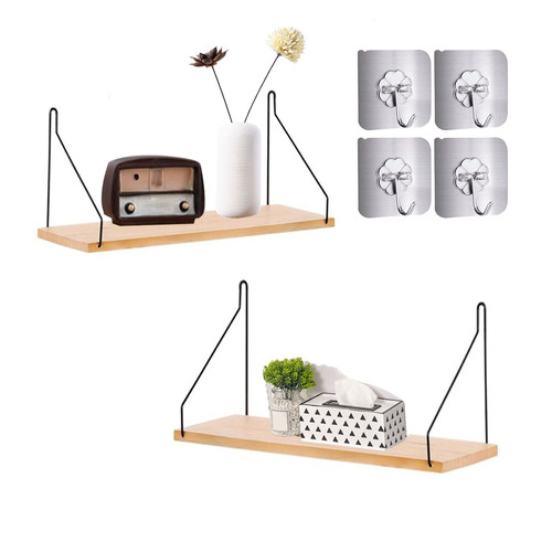 Wood Wall Storage Shelves, Rustic Wood Floating for Wall, Shelves Wall Mounted Sets of 2, Decorative Display Floating Shelves for Living Room, Bedroom, Kitchen, Bathroom, Office (Medium, Wood Color)