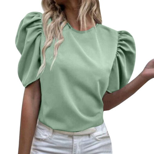 Womens Solid Color Casual Round Neck T Shirt Puff Sleeve Tops Ruched Elegant Womens Long Sleeve T Shirts Green