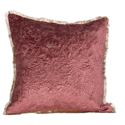 Creative Co-Op Embroidered Floral Square Cotton & Velvet Gold Fringe Pillow, Rose
