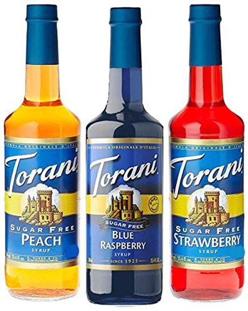 Torani Sugar Free Syrup Fruit Flavors 3 Pack, Blue Raspberry, Peach, Strawberry 25.4 Ounce Each Bottle (750 ML) Torani Sugar Free Syrup Fruit Flavors 3 Pack, Blue Raspberry, Peach, Strawberry 25.4 Ounce Each Bottle (750 ML)