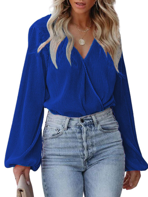 CUPSHE Women Peasant Sleeve Tops Casual Loose Fit V Neck Solid Ruched Blouse Royal Blue M