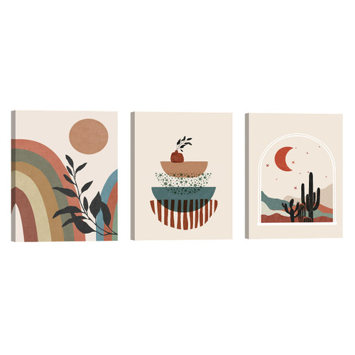 Boho Wall Art Set of 3, Minimalist Framed Artwork Pictures, Mid-Century Modern Canvas Wall Art Decor, Abstract Boho Wall Prints, Bohemian Moon Botanical Sun Geometric Neutral Wall Painting Ready to Hang for Living Room Bedroom Kitchen Office ?12"x16"