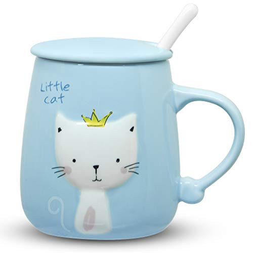 Angelice Home Blue Cat Mug, Cute Kitty Coffee Mug Cup with Lid and Ceramic Spoon for Cat Lovers