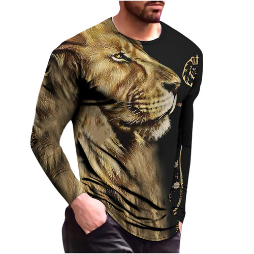 Mens Tops Fashion 3D Lion Animal Printed Casual Long Sleeve T-Shirts for Men Graphic Tee Round Neck Pullover Beige