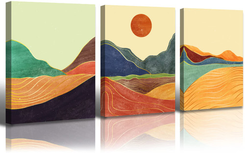 JiazuGo Mid Century Modern Wall Decor Art - Boho Wall Decor Moon Phases Geometric Canvas Boho Wall Art Sunset Sunrise Painting Minimalist Abstract Bedroom Decor for Women Wall Art for Living Room