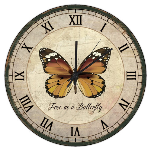 French Wooden Clock Home Decor Clock Rustic Free As A Butterfly Green Swallowtail Butterfly 10inch Round Clock Battery Operated Silent Wall Clock for Home Office Housewarming Birthday Gift