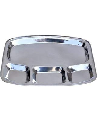 IndiaBigShop Stainless Steel Oval Shape Thali Plate, 4 compartment Thali, Mess Trays, Kids Lunch and Dinner or Every Day Use 13 X 13 Inch