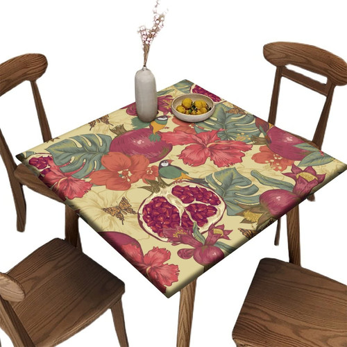 Square Fitted Polyester Tablecloth, Pomegranate & Bird Elastic Edge Home Decorative Table Cloth, Waterproof Oil & Dust Proof Table Cover, For Family Festival Party Tablecloths, Fit for 30" x 30" Table
