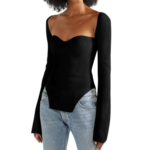 ACOSAP Women's Square Neck Ribbed Knitted Sweater Long Sleeve Crop Slim Fitted Basic Pullover Tops Black