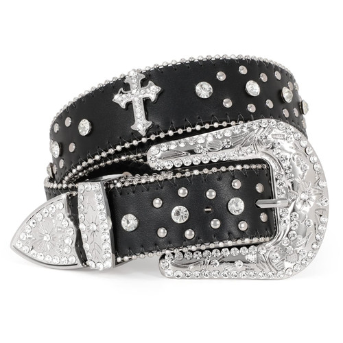 Women Men Rhinestone Belt,Fashion Western Cowgirl Cowboy Bling Studded Cross Leather Belt Diamond Belt for Jeans Dress,Black,M