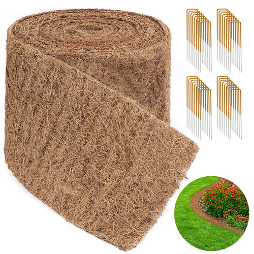 Natural Mulch Roll for Landscaping 240" X 6.3" Coconut Fiber Liner Mulch Mat with 32 U-Shaped Steel Stakes, Thick Mulch Roll for Garden Edging Border, Coconut Liners for Planters, Vegetables & Flowers