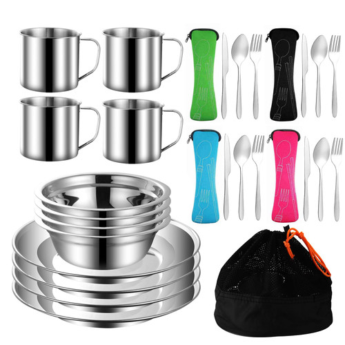 Outdoor Camping Mess Kit, Stainless Steel Tableware Mess Kit Includes Plate Bowl Cup Spoon Fork Knife in Mesh Bags for Camping Backpacking & Hiking for 4 Person