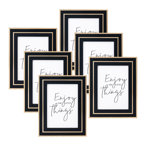 ArtbyHannah 6 Pack 5x7 Inch Modern Black Gold Picture Frame Set with High Definition Glass for Tabletop Display and Wall Mounting Photo Frame for Wedding or Home Decoration