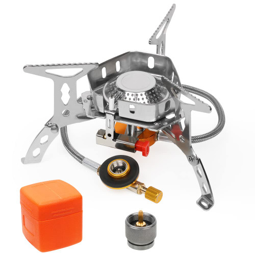 Windproof Camp Stove Camping Gas Stove with Fuel Canister Adapter, Piezo Ignition, Carry Case, Portable Collapsible Stove Burner for Outdoor Backpacking Hiking and Picnic Windproof Camp Stove Camping Gas Stove with Fuel Canister Adapter, Piezo Ignition, Carry Case, Portable Collapsible Stove Burner for Outdoor Backpacking Hiking and Picnic
