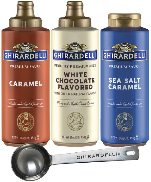 Ghirardelli Sea Salt Caramel, White Chocolate and Caramel Flavored Sauce 16 oz Bottles (Pack of 3) with Ghirardelli Stamped Barista Spoon Ghirardelli Sea Salt Caramel, White Chocolate and Caramel Flavored Sauce 16 oz Bottles (Pack of 3) with Ghirardelli Stamped Barista Spoon