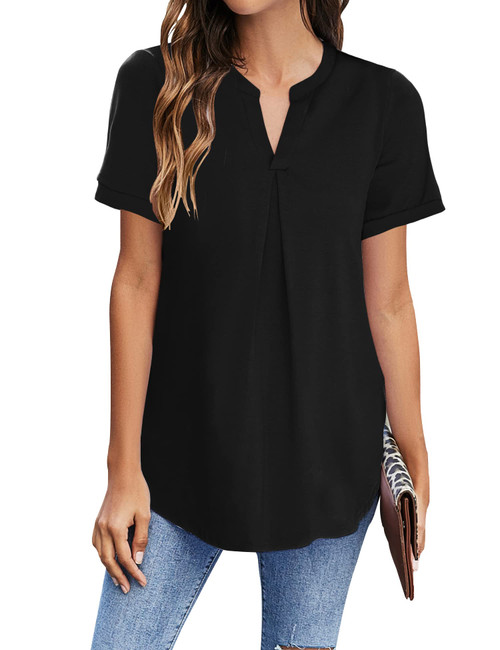 Newchoice Womens V Neck Short Sleeve Tops Loose Dressy Casual Summer Blouses Office Trendy Work Shirts (Black, L)