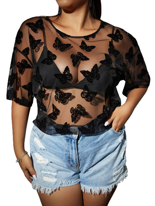 SOLY HUX Women's Plus Size Sheer Mesh Floral Print Crop Tops Tee Sexy See Through Short Sleeve T Shirt Blouse Solid Black 0XL