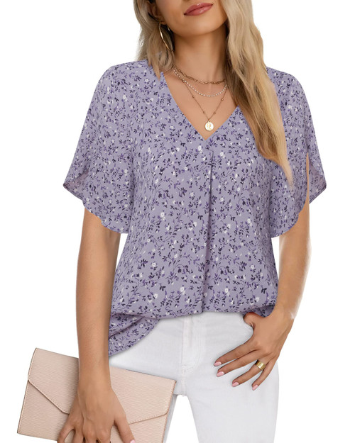 Bebonnie Womens Blouses and Tops Dressy, Ruffle Short Sleeve Women Dress Shirts and Blouse for Work Professional Casual Loose Summer V Neck Chiffon Blouses Flowy Dressy Tunics Tops Multi Purple XXL