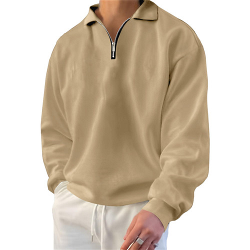 Lexiart Mens Long Sleeve Polo Shirts-Casual Thermal Loose Fit Pullover Quarter Zip Sweatshirts Khaki
