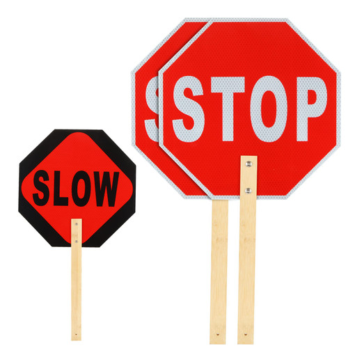 CYEAH 2PCS Stop Sign, 13" x 13" Stop Slow Sign with Bamboo Handle, Double Sided Aluminum Metal Reflective Crossing Guard Stop Sign Traffic Signs, Engineer Grade Honeycomb Reflective Road Sign