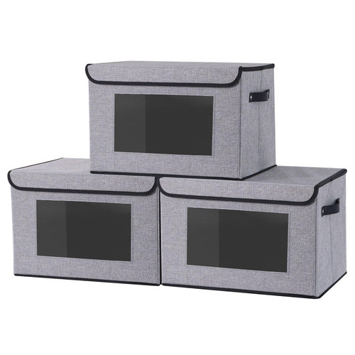 YheenLf Fabric Storage boxes, 15 x 9.8 x 9.8 inch Storage Baskets for Shelves with Lids, Fabric Storage Bins with Handles, Decorative Linen Closet Organizers Boxes, Large, Gray, 3-Pack