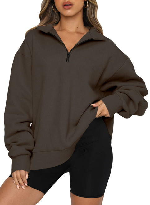 BLENCOT Women Half Zip Oversized Sweatshirts Long Sleeve Solid Color Drop Shoulder Fleece Workout Pullover Brown 2XL
