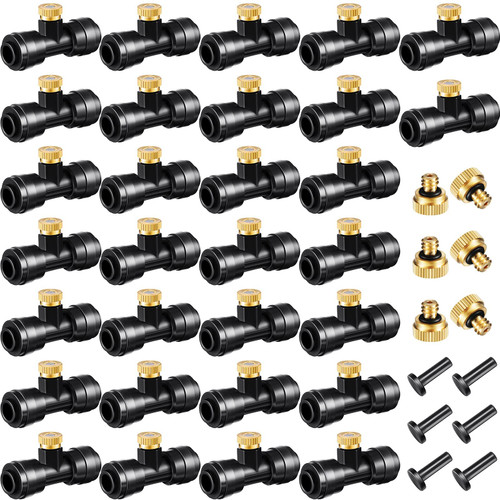 Misting Nozzles Kit Include Water Misting Nozzle Tees Thread 1/4 Inch and Brass Orifice Nozzle with Black Plug for Outdoor Spray Cooling System (72 Pieces)