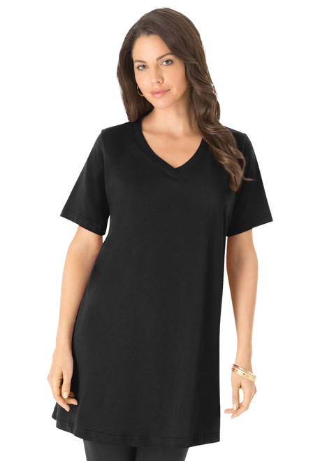 Roaman's Women's Plus Size Short-Sleeve V-Neck Ultimate Tunic Long T-Shirt Tee Tops 100% Cotton - 4X, Black