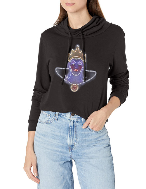 Disney Villains Neon Evil Queen Women's Cowl Neck Long Sleeve Knit Top, Black, Large