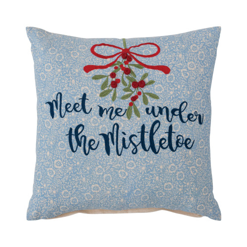 Creative Co-Op 18" Square Cotton Printed Slub Pillow w/Mistletoe, Embroidery & Pom Poms Meet Me Under The Mistletoe, Multi Color