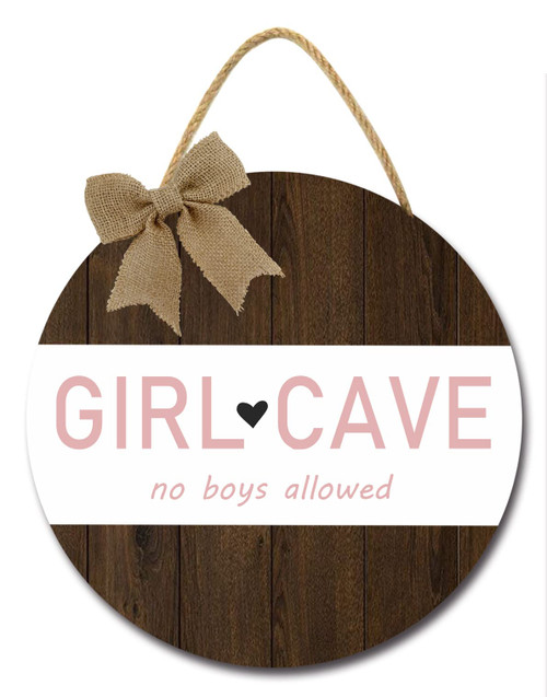 Sokomurg Girl Cave Sign for Front Door No Boys Allowed Hanging Sign Plaque, Round Rustic Wooden Door Hanger for Kid Room Girls Room Decorations for Bedroom Door