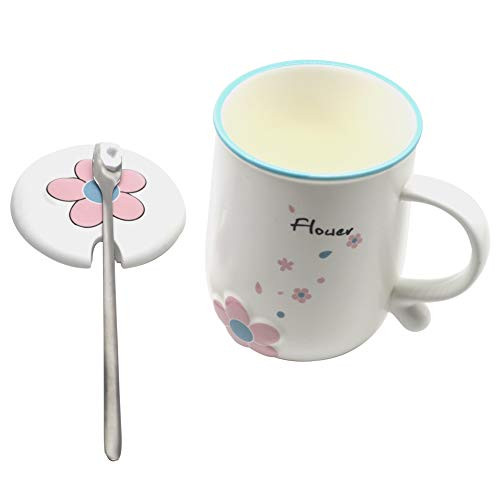 14 oz White Flower Ceramic Coffee Mug with Lid, Cute Coffee Mugs for Women, Hot Tea Mug (White-pink)