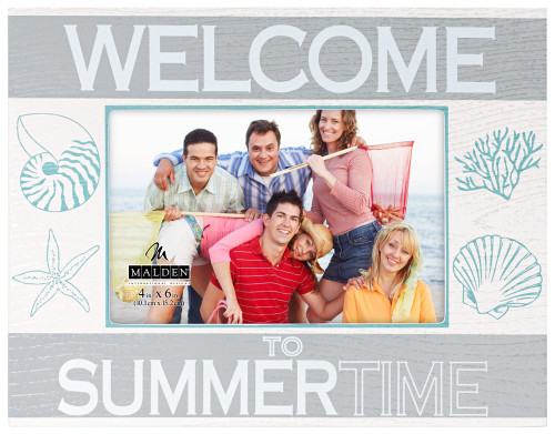 Malden International Designs Shoreline Silkscreened "Welcome to Summertime" Wood Picture Frame, 4x6, White