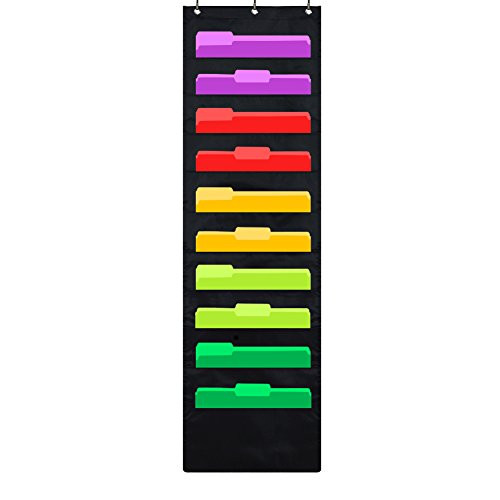 Godery Premium Hanging File Folder Organizer, 10 Pockets, 3 Hangers Cascading Wall Organizer?Perfect for Home Organization, School Pocket Chart, Office Bill Filing. Wall or Over Door Mount