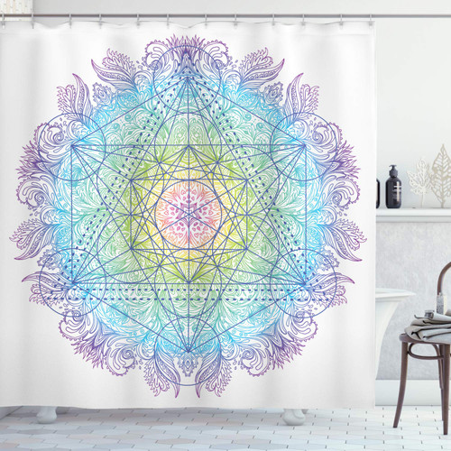 Ambesonne Ethnic Shower Curtain, Mandala Round with Geometry Element Metatron Cube Alchemy Theme, Cloth Fabric Bathroom Decor Set with Hooks, 69" W x 70" L, Purple Green Blue