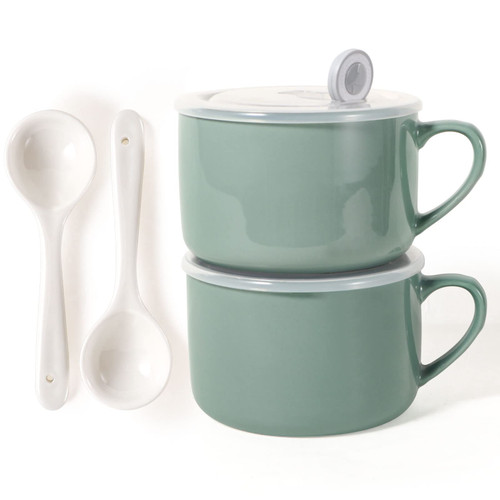 Wareland Soup Bowls with Handles & Spoons, 30oz Ceramic Ramen Bowl with Lid, Large Soup Mugs/Cups for Instant Noodle, Big Cereal Bowls for Oatmeal, Soup Containers with Lids, Set of 2, Teal Blue