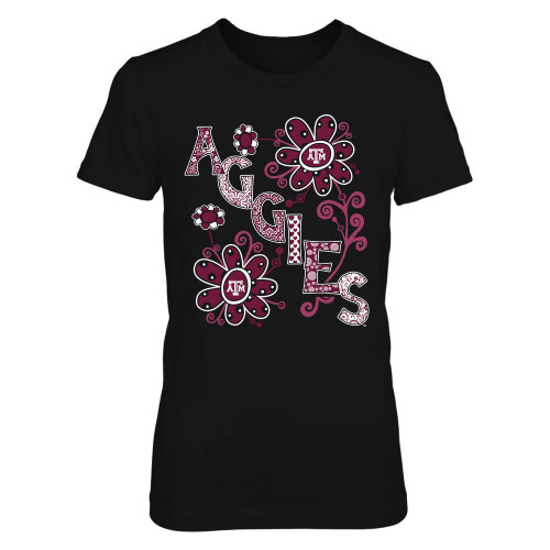 FanPrint Texas A&M Aggies T-Shirt - Team Name Flower - If32-Ic32-Ds45 - Women's Tee/Black/XL