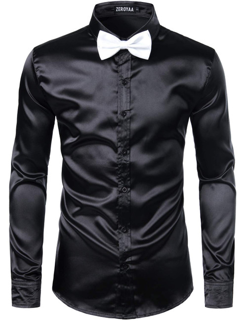 ZEROYAA Men's Luxury Shiny Silk Like Satin Button Up Dress Shirts ZLCL14 Black XXX-Large