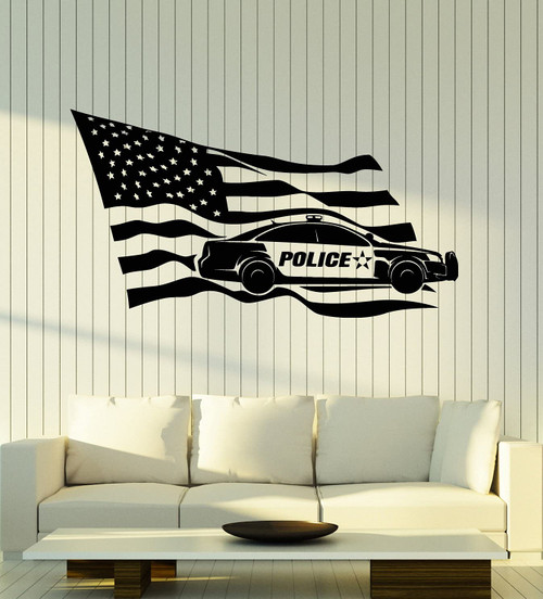 Vinyl Wall Decal Police Auto Car Department American Flag Stickers Mural Large Decor (g5734) Black