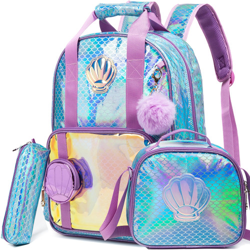 Meetbelify Mermaid Backpack for Girls Backpacks with Lunch Box Set for Big Teen Girls School Bag 17inch Full Size for Elementary Student