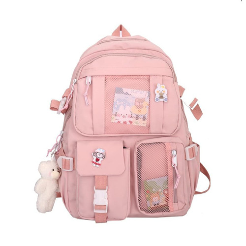 Kawaii Backpack with Bear Pendant, Aesthetic Canvas Students Schoolbag Shoulder Tote Bag Casual Daypack Back to School (Pink) Large