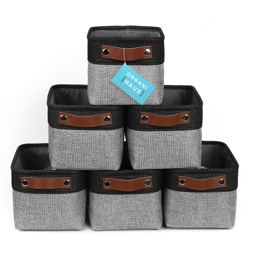 OrganiHaus Small Fabric Storage Baskets for Shelves 6 Pack | 9x7in Closet Storage Bins for Shelves | Cloth Baskets for Organizing | Linen Closet Organizers | Fabric Basket - Gray/Black
