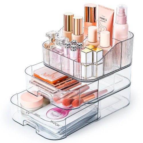 GORET Stackable Vanity Makeup Organizer, 3 Tier Large Capacity Clear Makeup Storage with Acrylic Drawer for Bathroom Countertop Holder Cosmetic Brushes Perfume Skincare Lipstick Eyeshadow