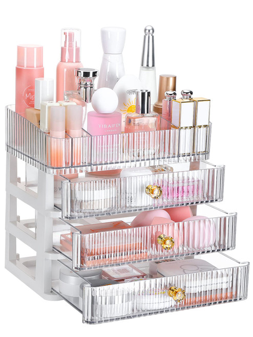 GORET Makeup Organizer for Vanity, Large Capacity Acrylic Makeup Organizers with 3 Drawers for Bathroom Countertop Cosmetics Perfume Skincare Lipstick Eyeshadow Makeup Brushes Storage Holder