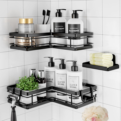 Sakugi Shower Caddy - 3 Piece Set, Corner Shower Shelves with Hooks & Soap Holder, Rustproof Adhesive Shower Caddy for Corner, No Drilling Shower Shelf for Inside Shower, Shower Organizer, Black