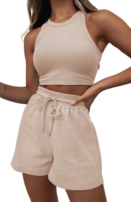 Lingswallow 2 Piece Women Lounge Sets - Sleeveless Crop Top and Shorts Waffle Lounge Set Tracksuits Sweatsuits for Women